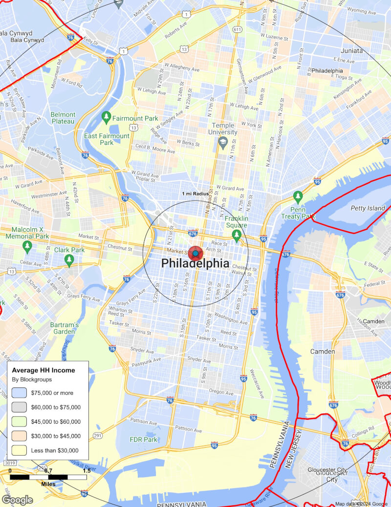 Map of Philadelphia,Pennsylvania including demographic data