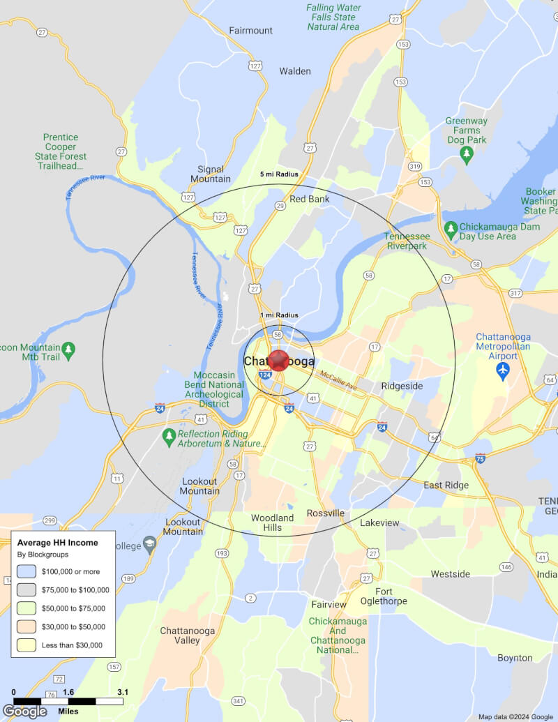 Map of Chattanooga,Tennessee including demographic data