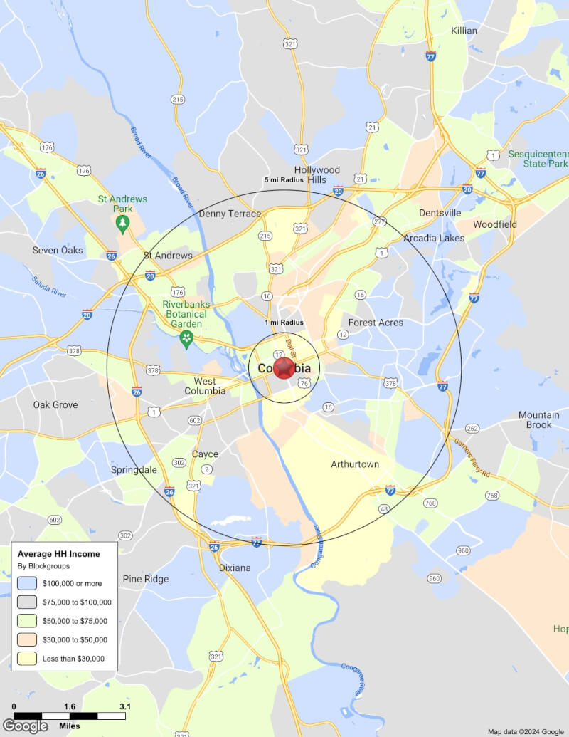 Map of Columbia,South Carolina including demographic data