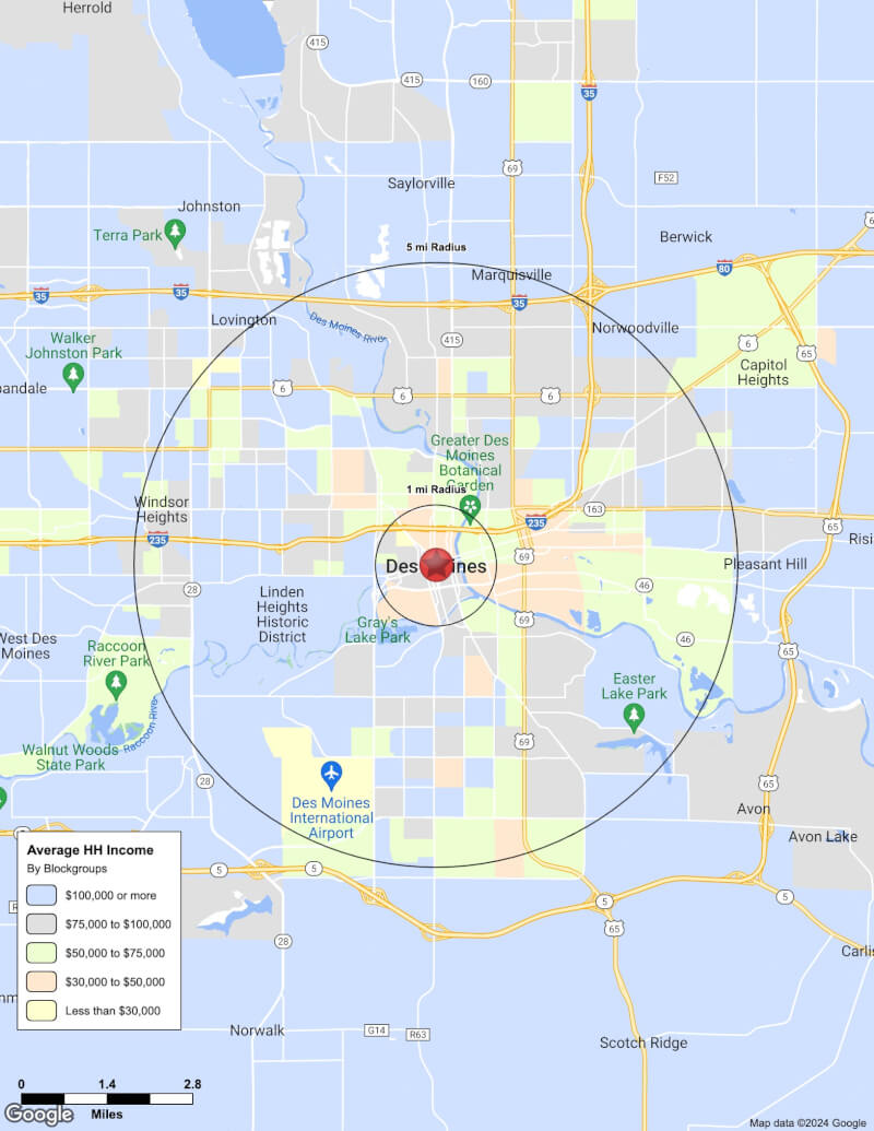Map of Des Moines,Iowa including demographic data