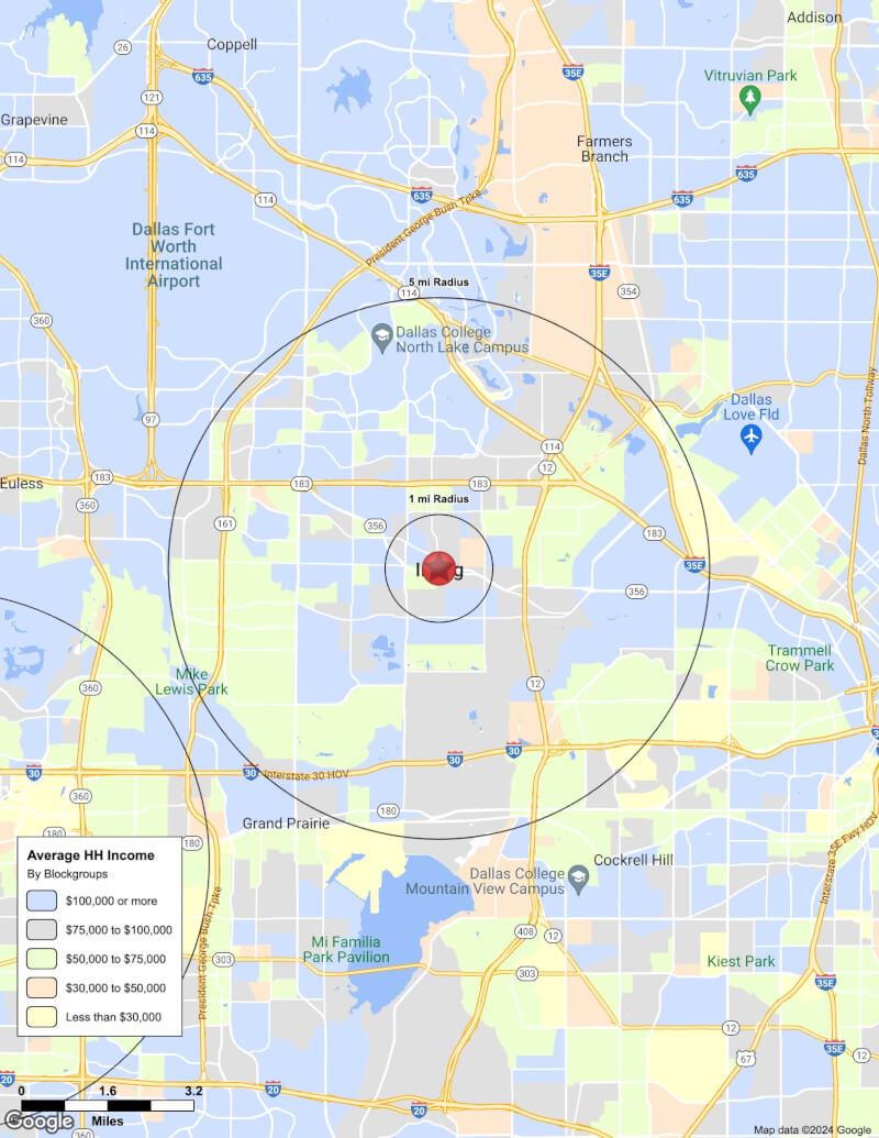 Map of Irving,Texas including demographic data