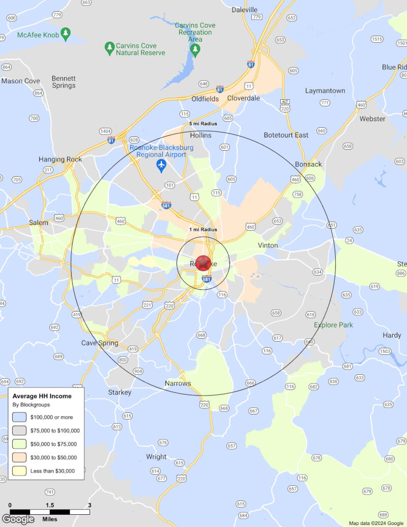 Map of Roanoke,Virginia including demographic data