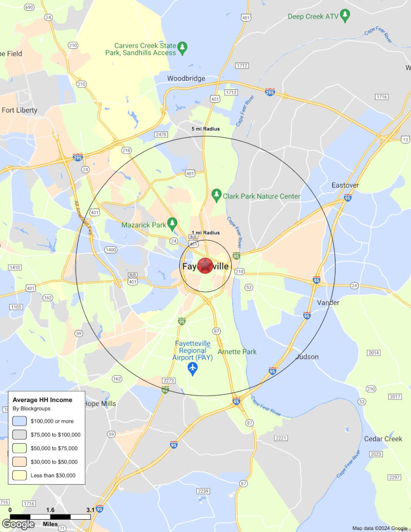 Map of Fayetteville,North Carolina including demographic data