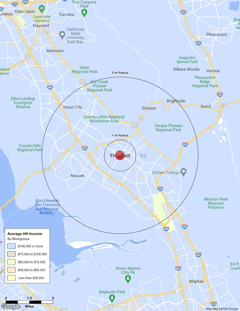 Map of Fremont,California including demographic data