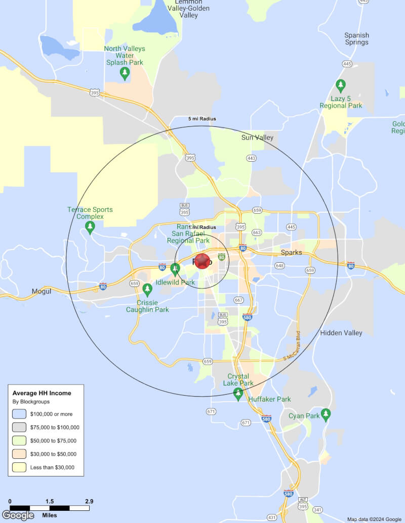Map of Reno,Nevada including demographic data