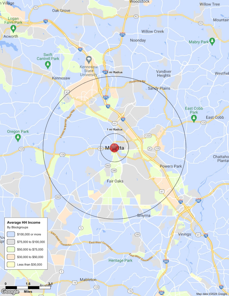 Map of Marietta,Georgia including demographic data