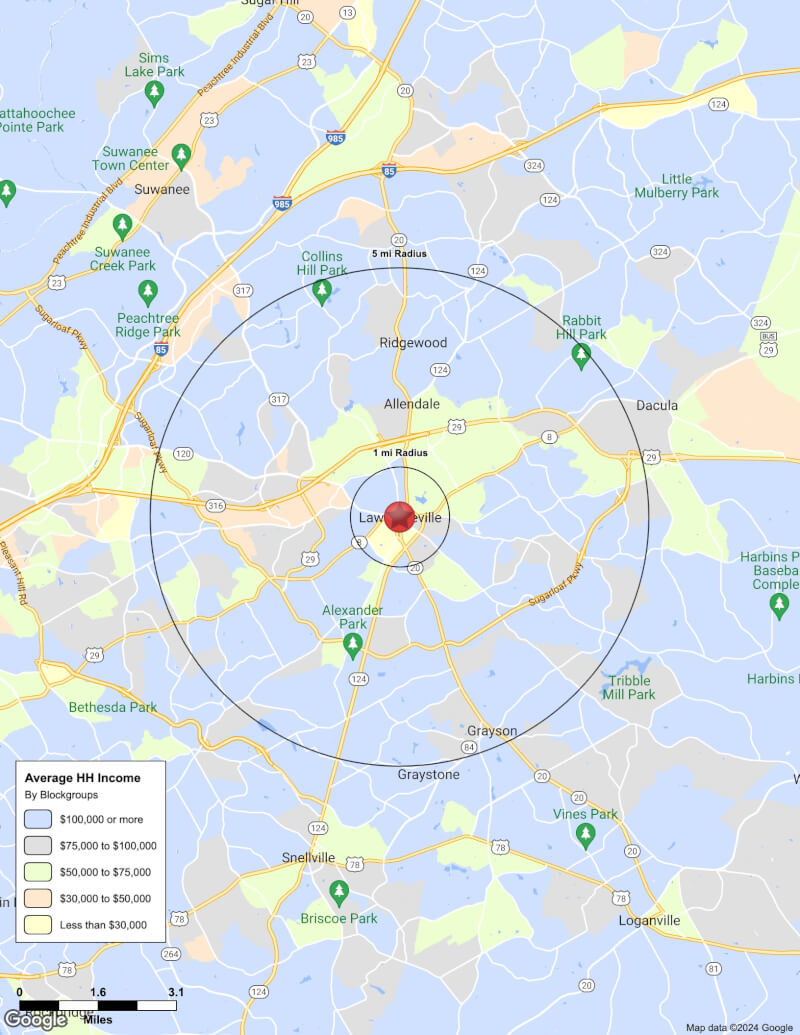 Map of Lawrenceville,Georgia including demographic data
