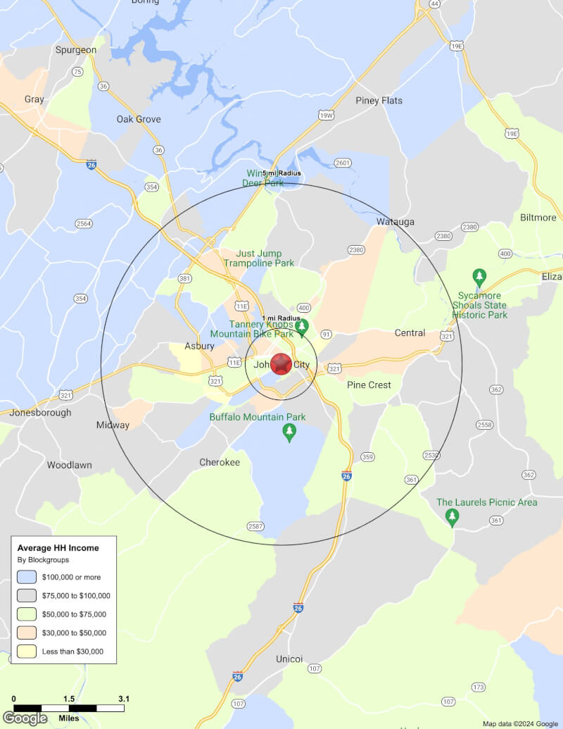 Map of Johnson City,Tennessee including demographic data