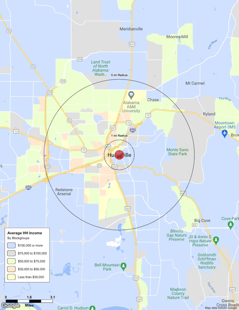 Map of Huntsville,Alabama including demographic data