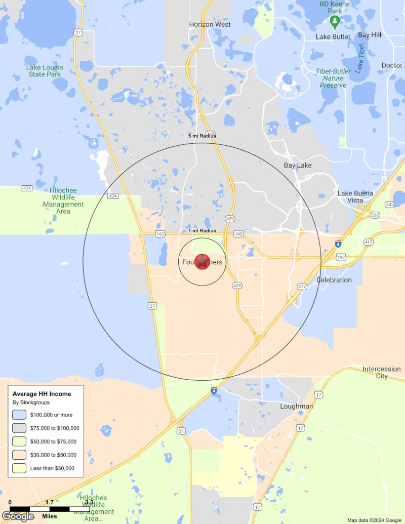 Map of Four Corners,Florida including demographic data