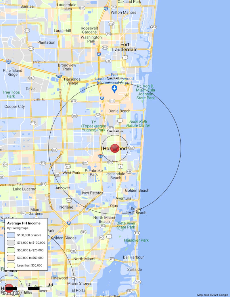 Map of Hollywood,Florida including demographic data