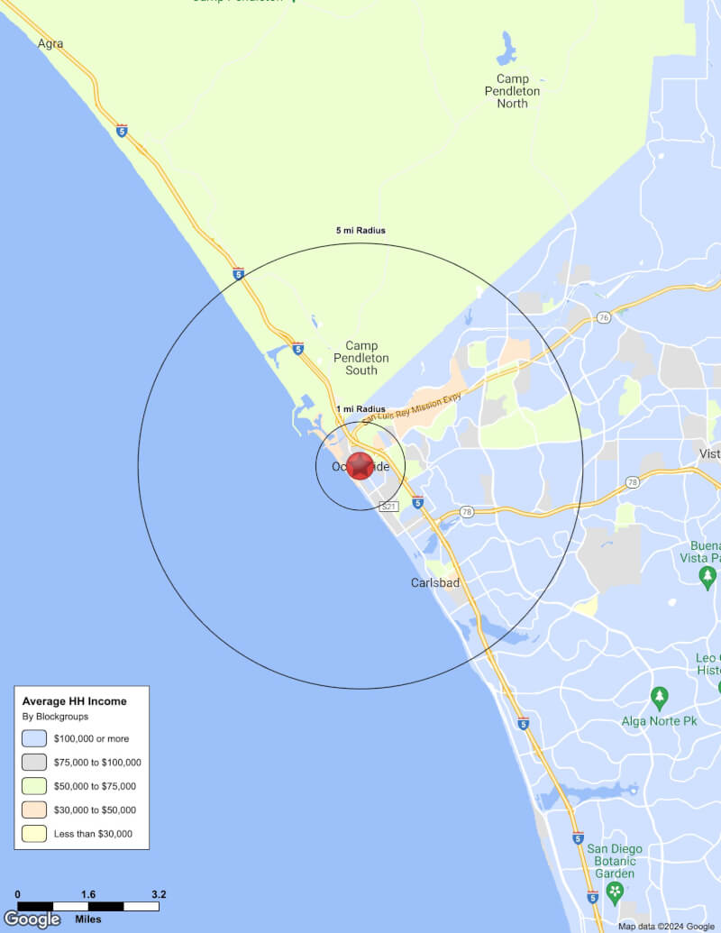 Map of Oceanside,California including demographic data