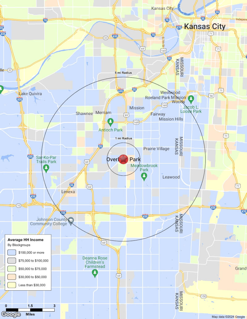 Map of Overland Park,Kansas including demographic data