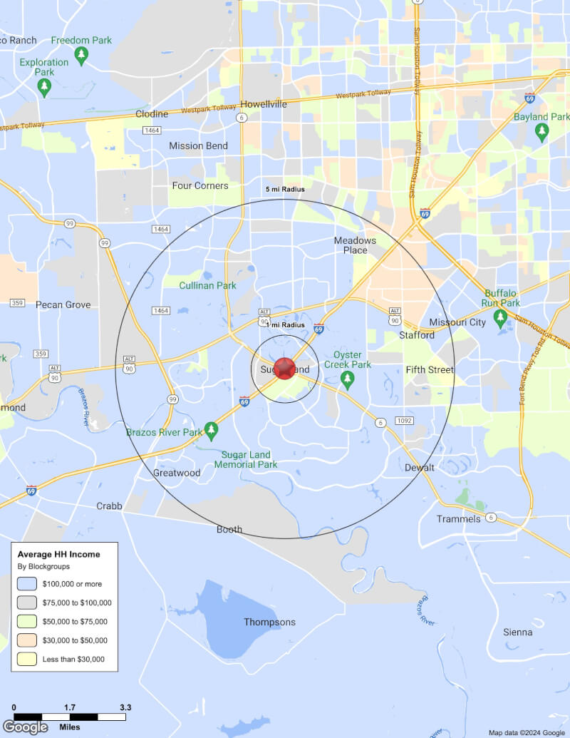 Map of Sugar Land,Texas including demographic data