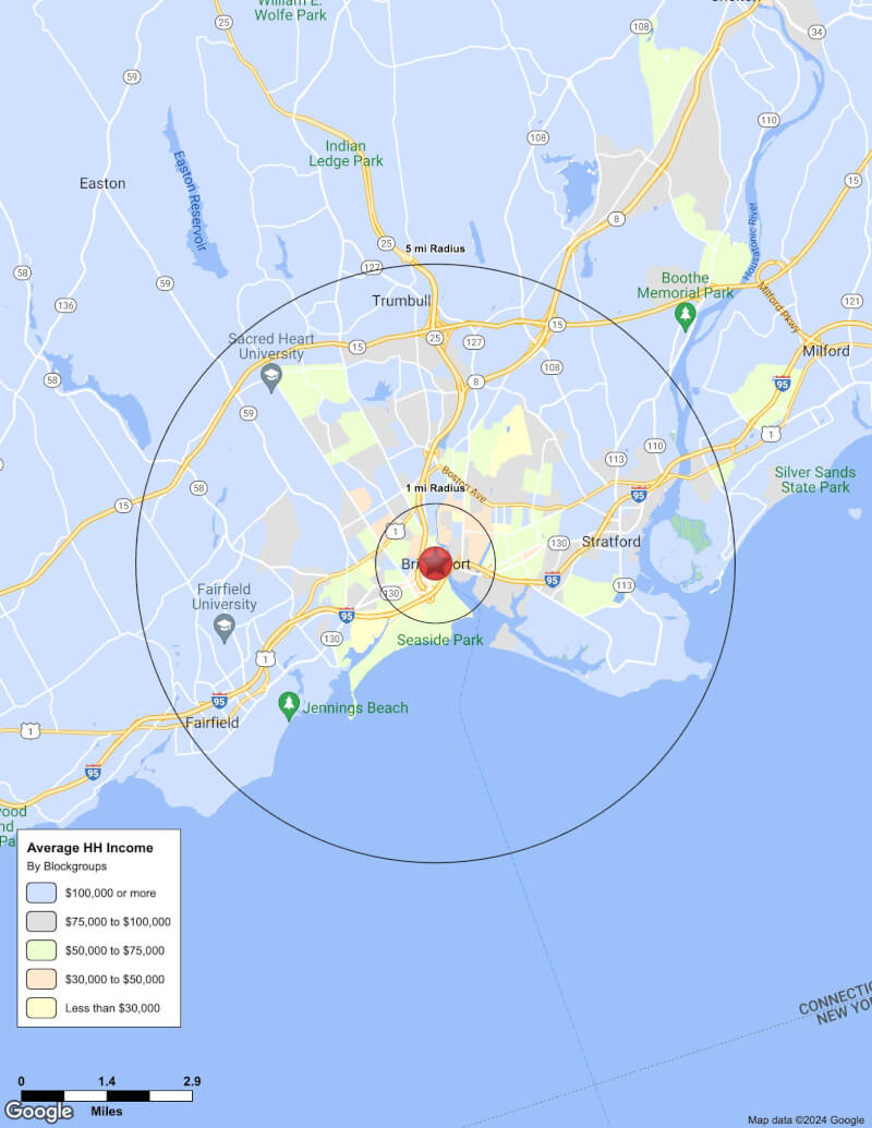 Map of Bridgeport,Connecticut including demographic data