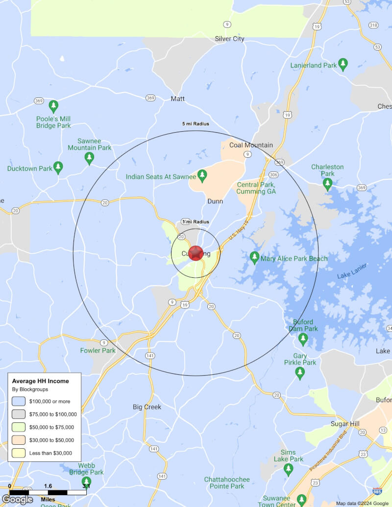 Map of Cumming,Georgia including demographic data