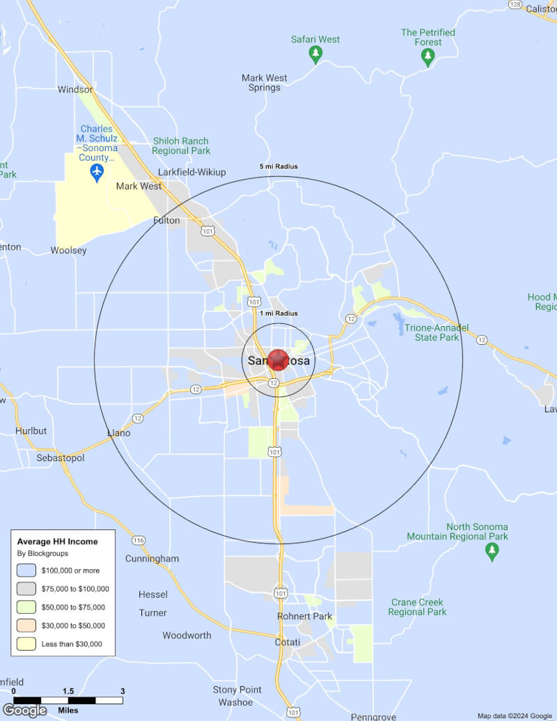 Map of Santa Rosa,California including demographic data