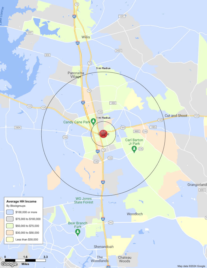 Map of Conroe,Texas including demographic data