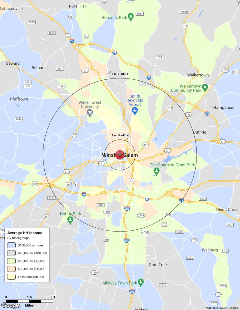 Map of Winston-Salem,North Carolina including demographic data