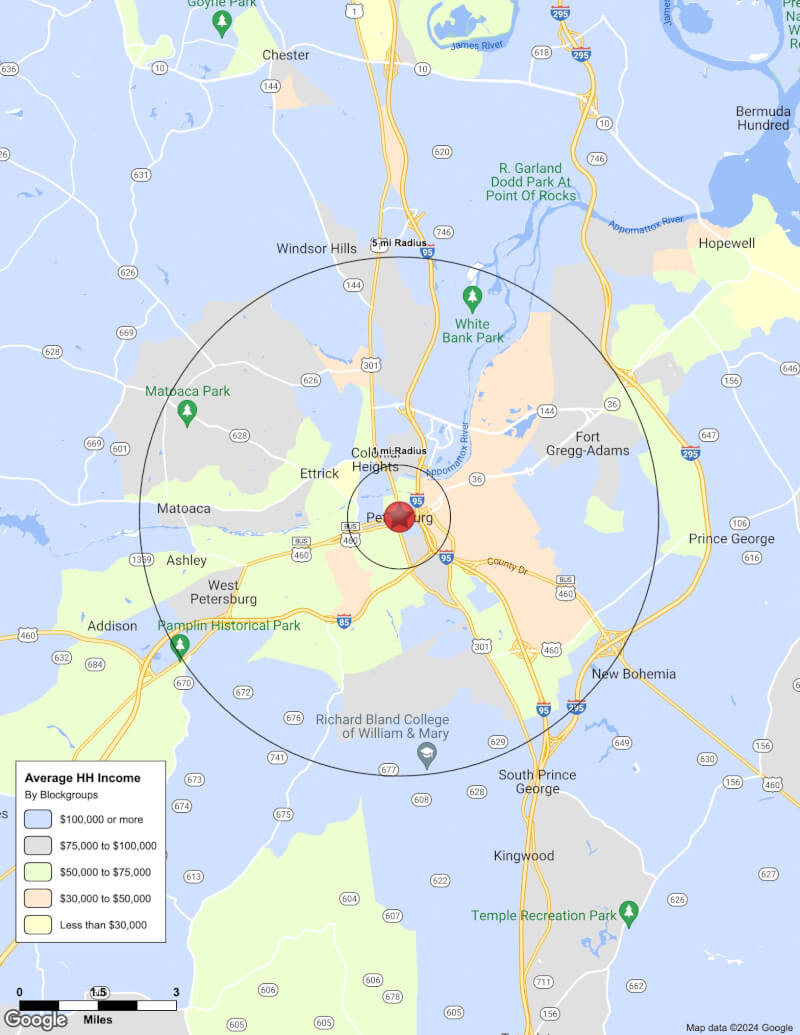 Map of Petersburg,Virginia including demographic data