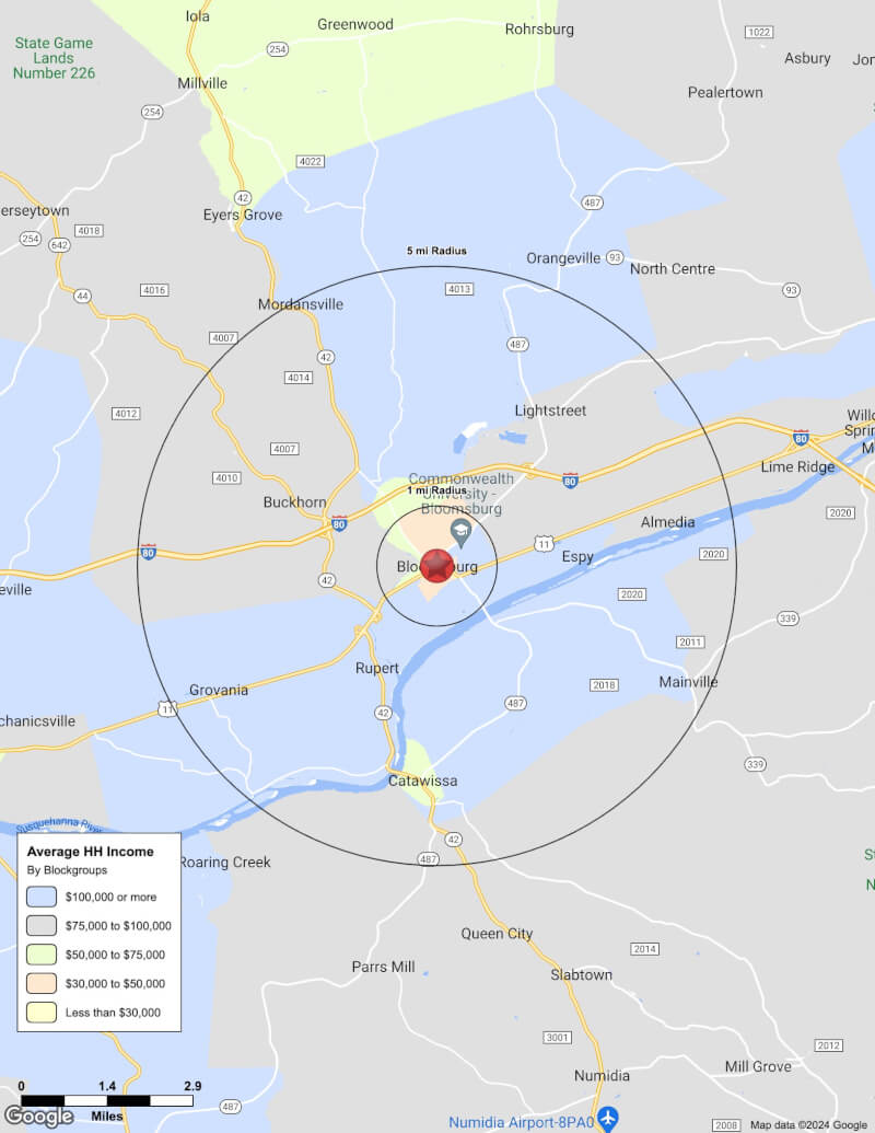 Map of Bloomsburg,Pennsylvania including demographic data