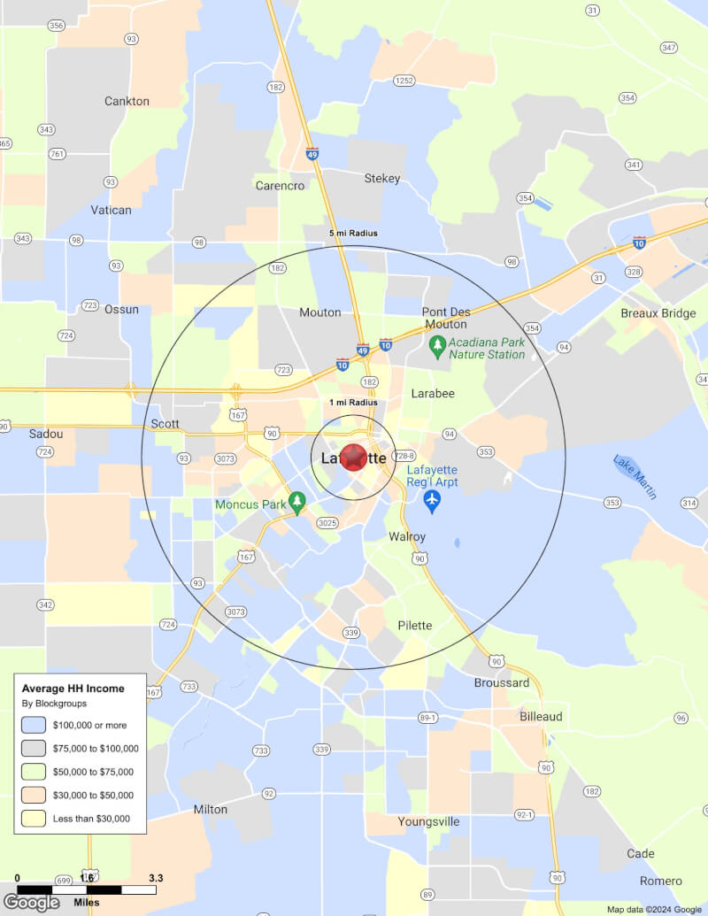 Map of Lafayette,Louisiana including demographic data