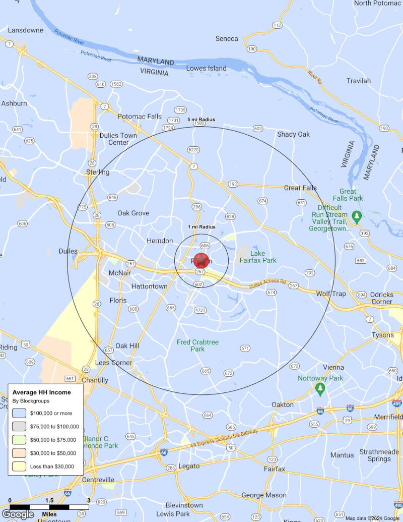 Map of Reston,Virginia including demographic data