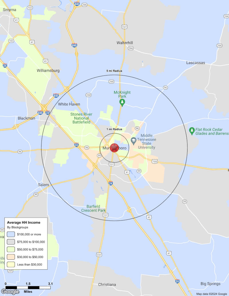 Map of Murfreesboro,Tennessee including demographic data