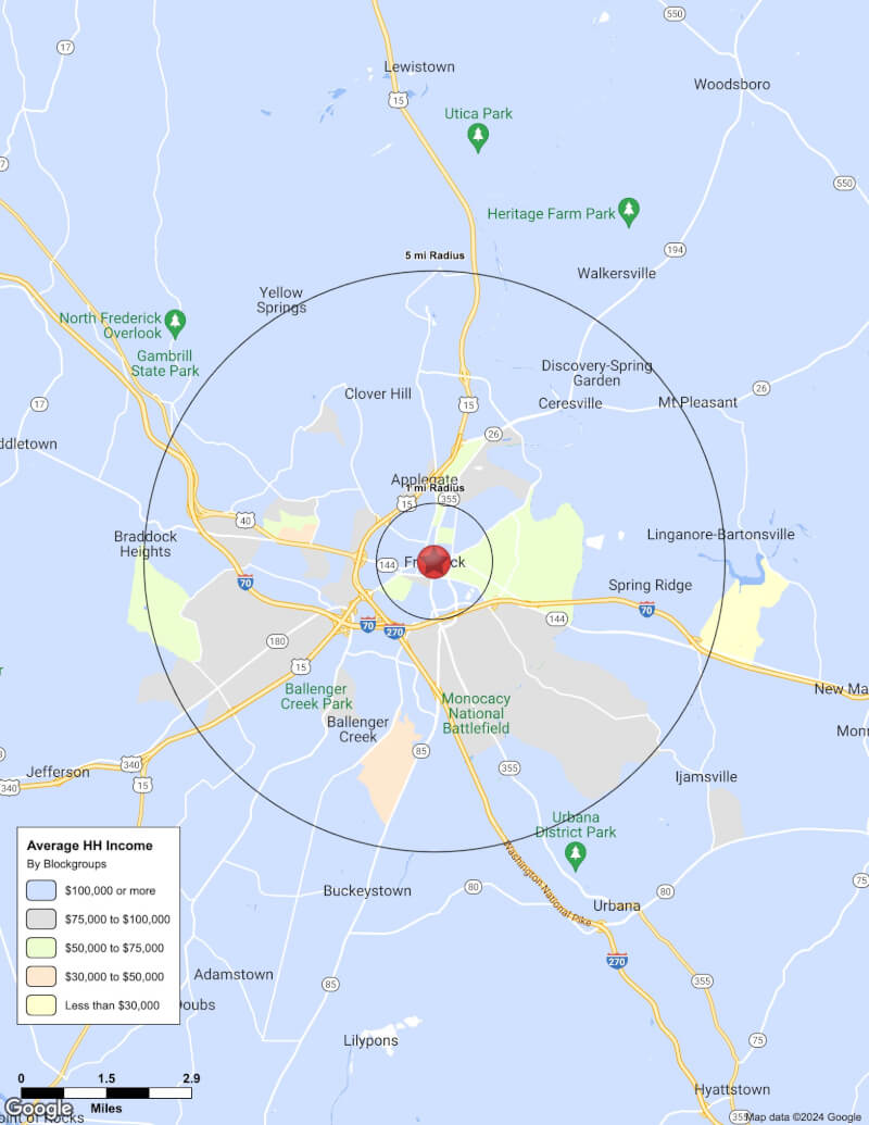 Map of Frederick,Maryland including demographic data