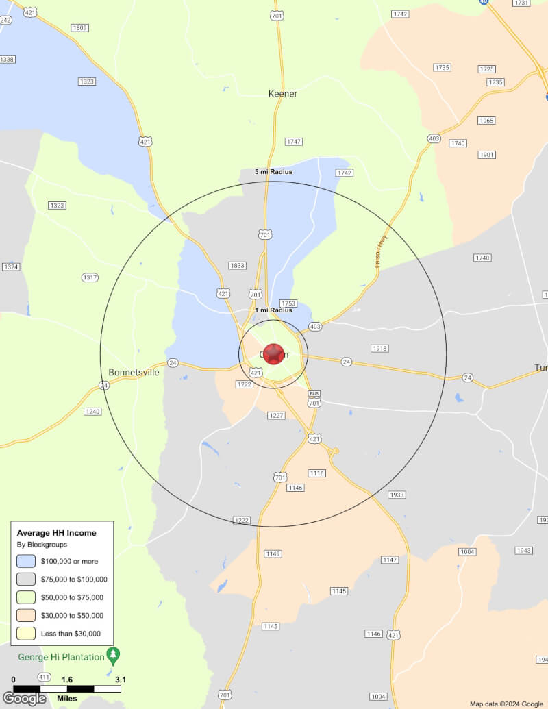 Map of Clinton,North Carolina including demographic data