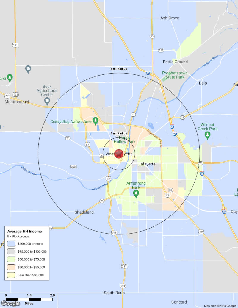 Map of West Lafayette,Indiana including demographic data