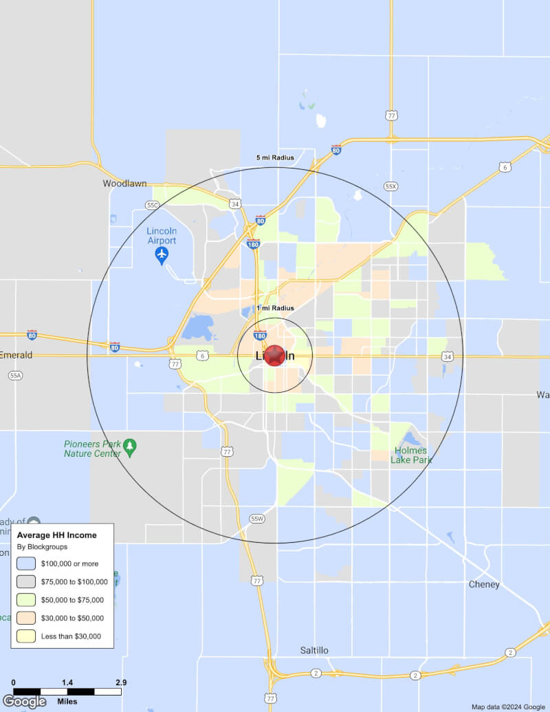 Map of Lincoln,Nebraska including demographic data