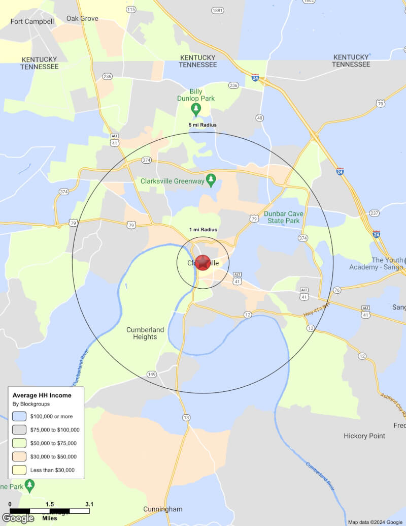 Map of Clarksville,Tennessee including demographic data