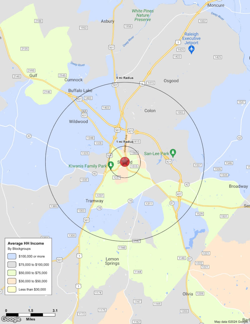 Map of Sanford,North Carolina including demographic data