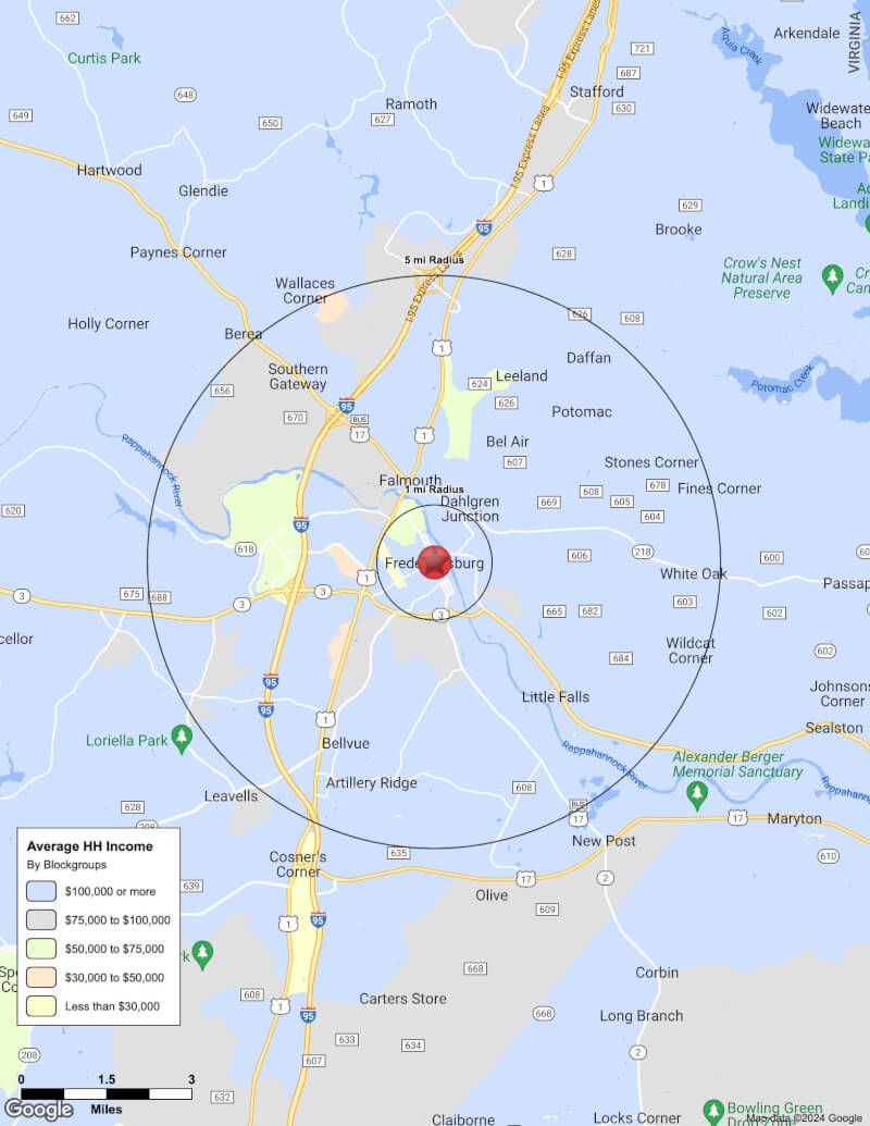 Map of Fredericksburg,Virginia including demographic data