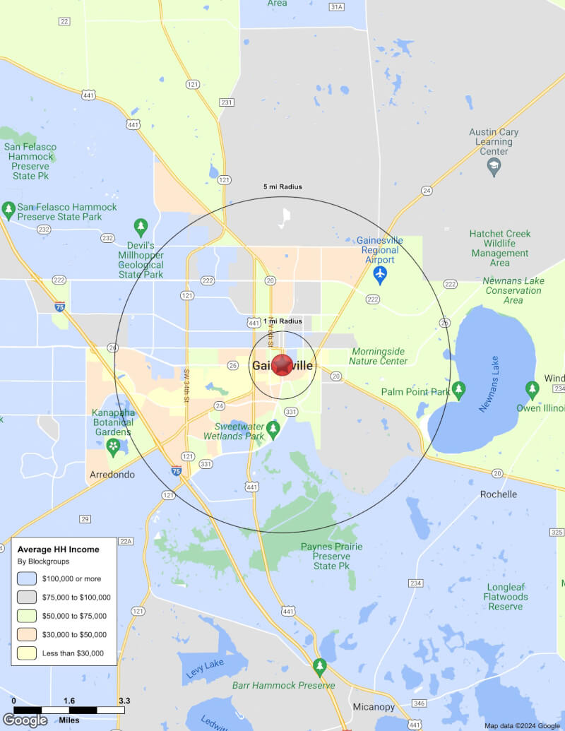 Map of Gainesville,Florida including demographic data