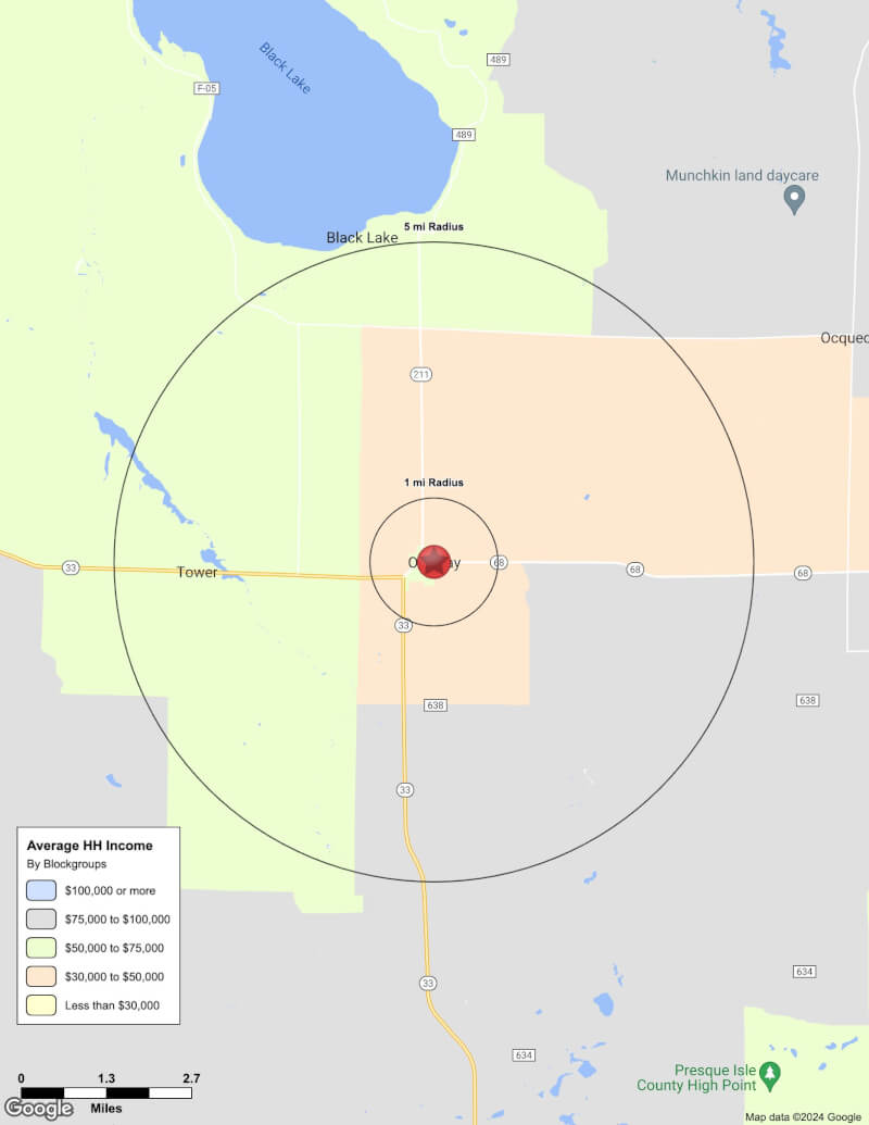 Map of Onaway,Michigan including demographic data