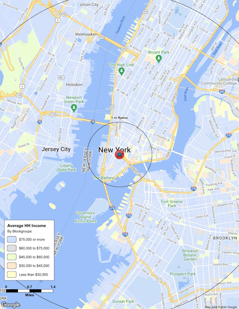 Map of New York,New York including demographic data