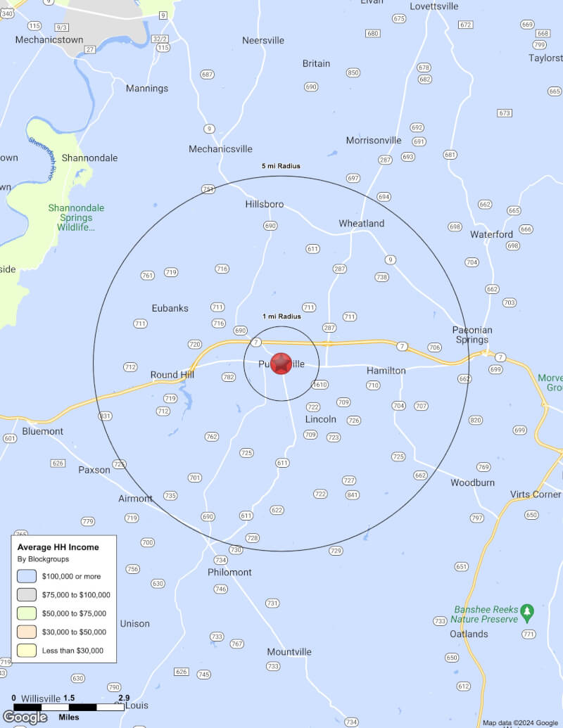 Map of Purcellville,Virginia including demographic data