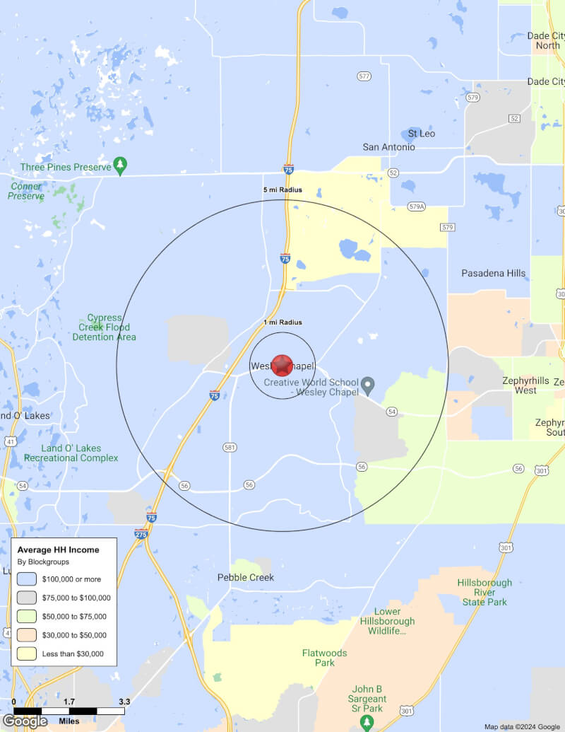 Map of Wesley Chapel,Florida including demographic data
