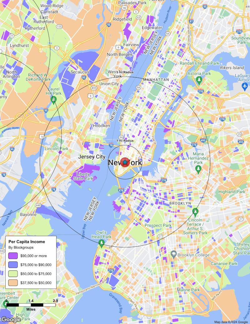 Map of New York,New York including demographic data