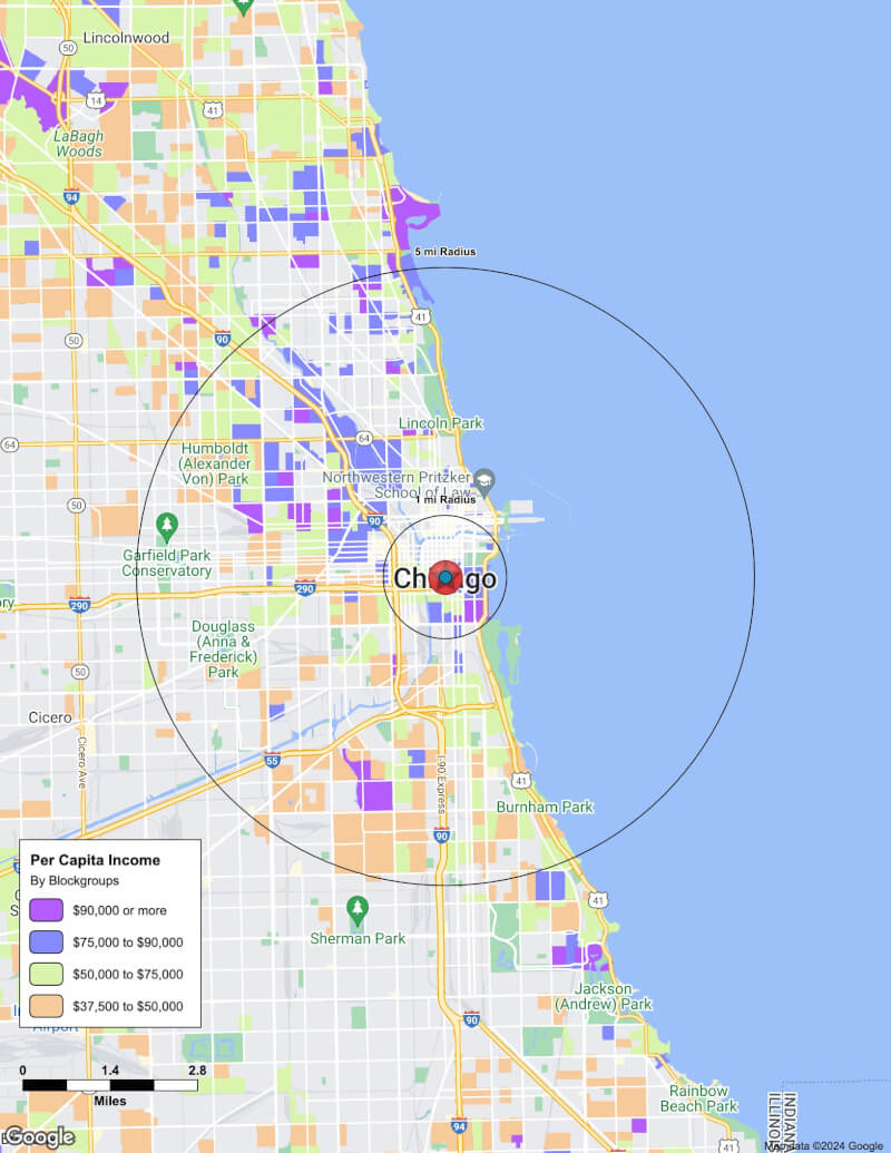 Map of Chicago,Illinois including demographic data