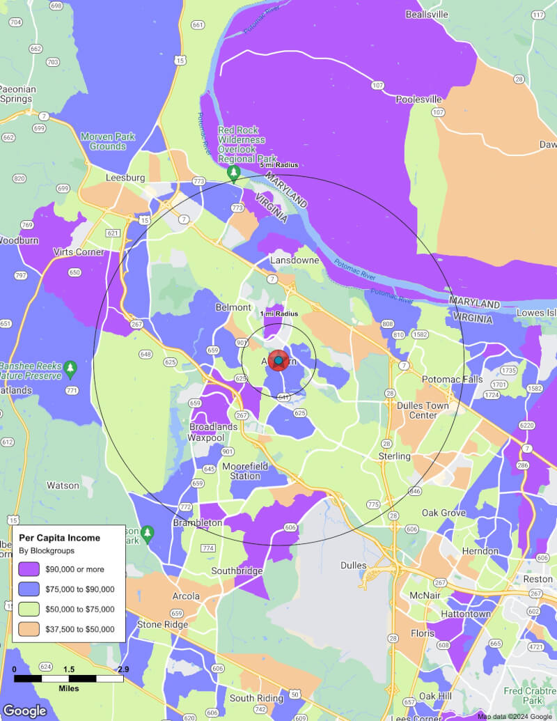 Map of Ashburn,Virginia including demographic data