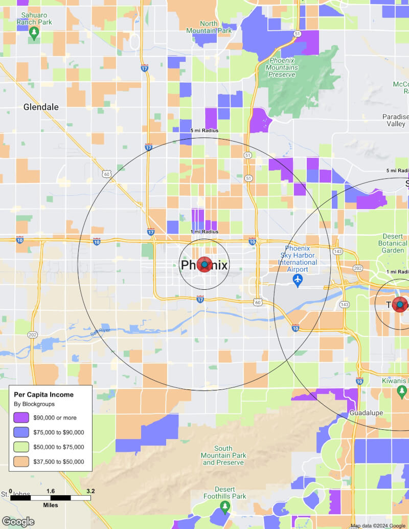 Map of Phoenix,Arizona including demographic data