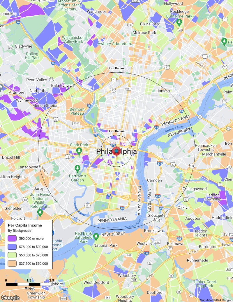 Map of Philadelphia,Pennsylvania including demographic data