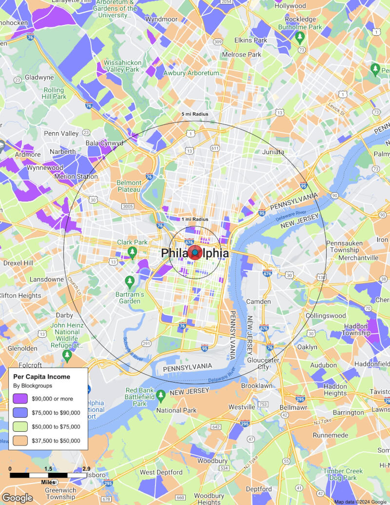 Map of Philadelphia,Pennsylvania including demographic data