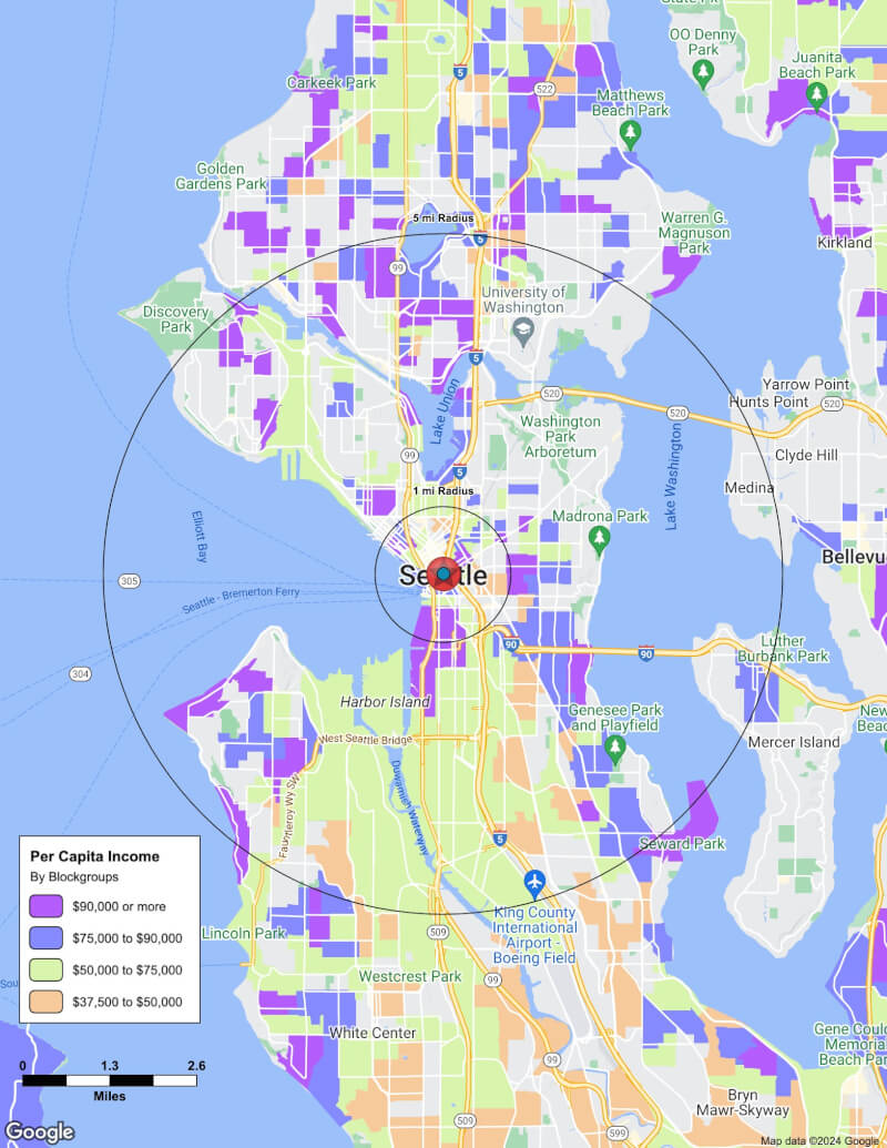 Map of Seattle,Washington including demographic data