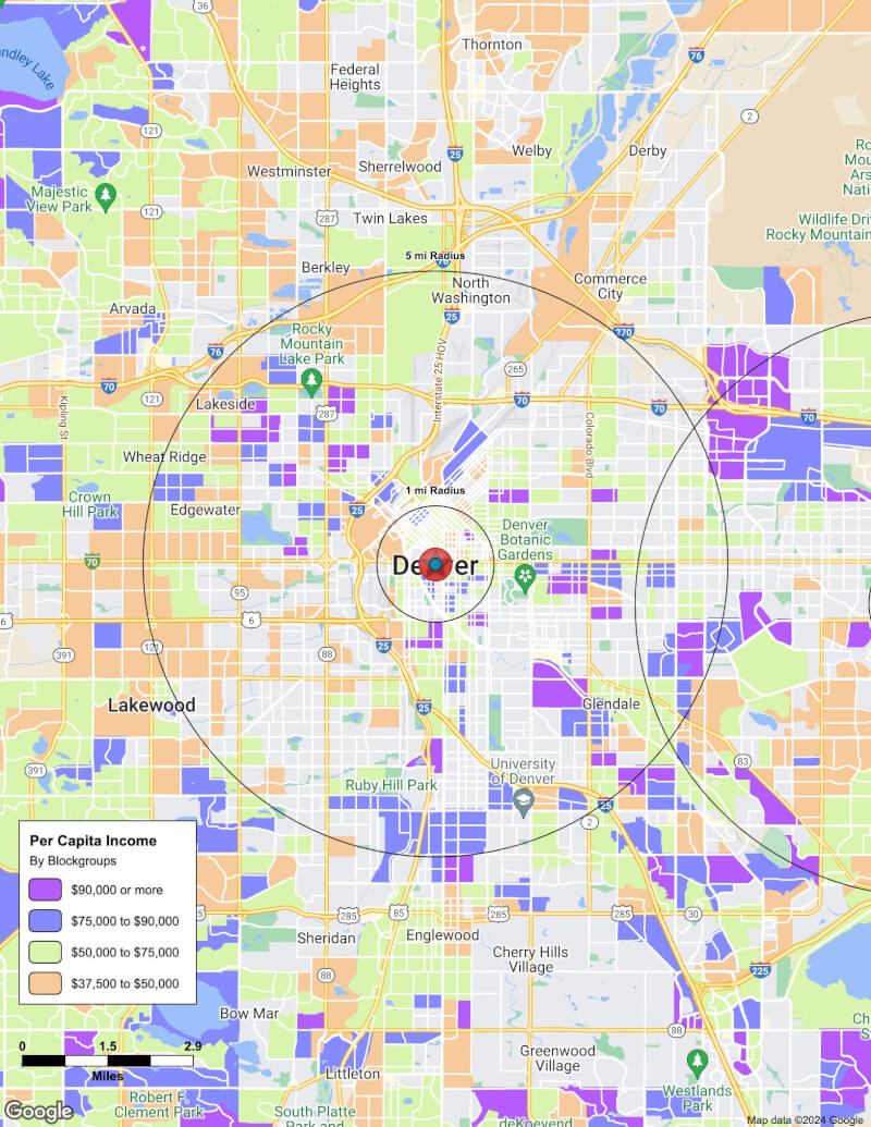 Map of Denver,Colorado including demographic data