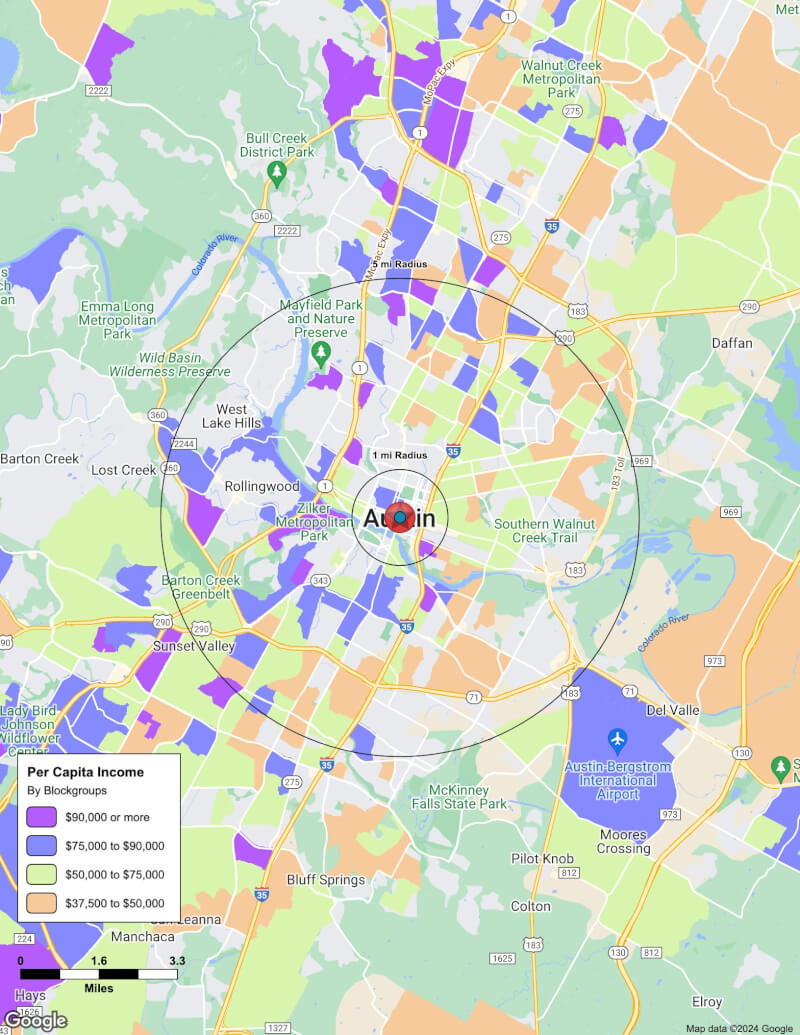 Map of Austin,Texas including demographic data