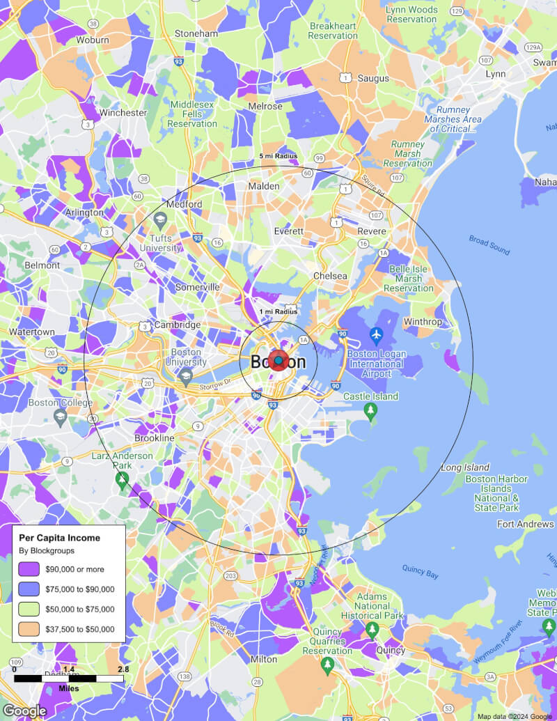 Map of Boston,Massachusetts including demographic data